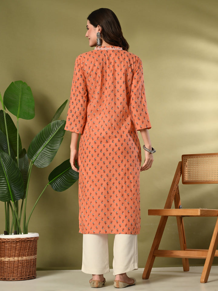 Orange Floral Print Lace Details Cotton Kurta
