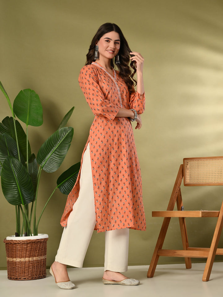 Orange Floral Print Lace Details Cotton Kurta