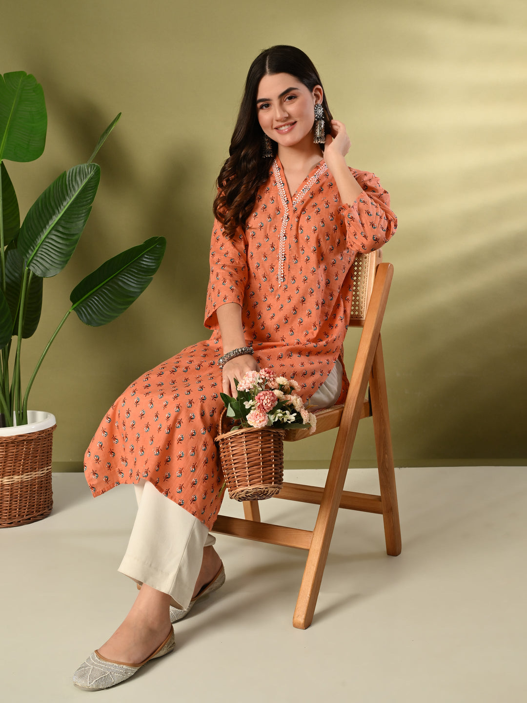 Orange Floral Print Lace Details Cotton Kurta