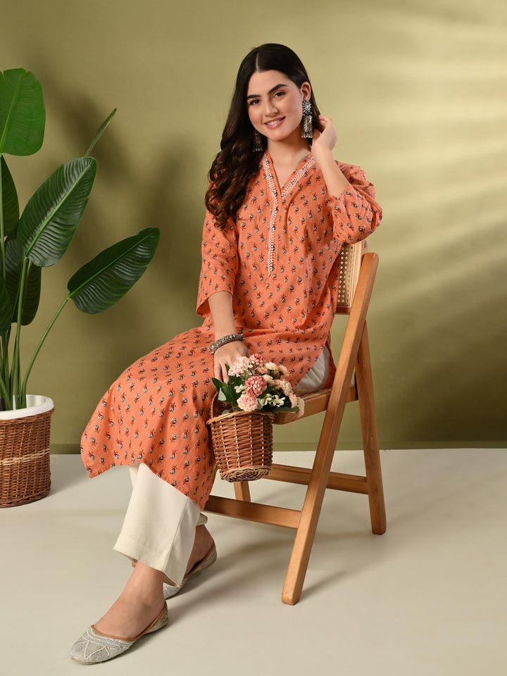 Orange Floral Print Lace Details Cotton Kurta