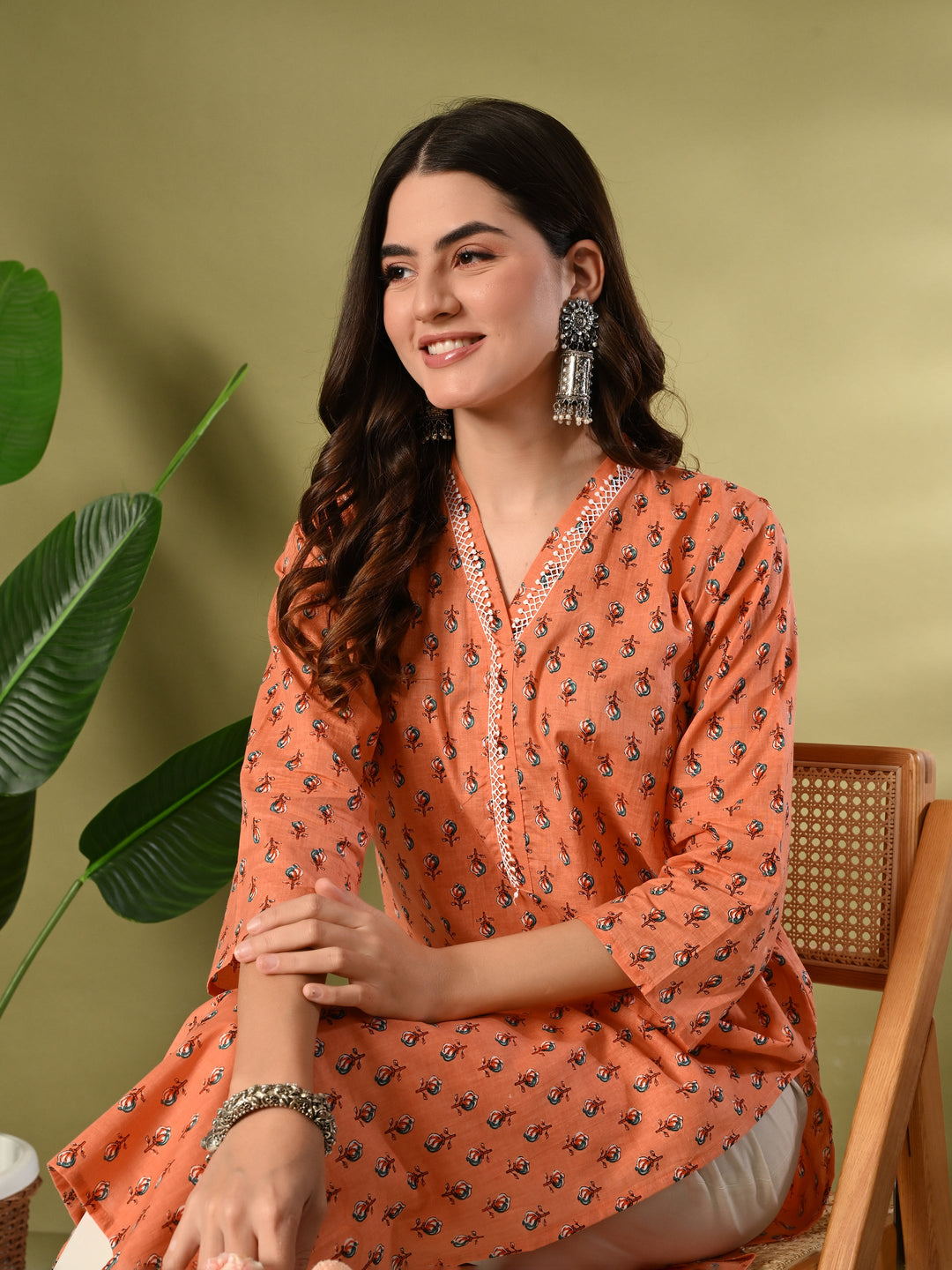 Orange Floral Print Lace Details Cotton Kurta