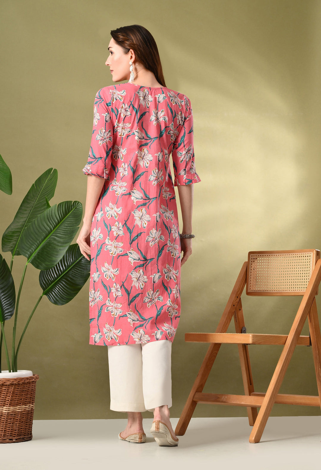Peach Printed Straight Cotton Kurta