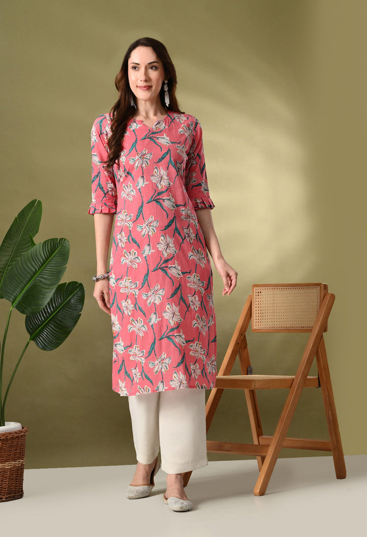 Peach Printed Straight Cotton Kurta