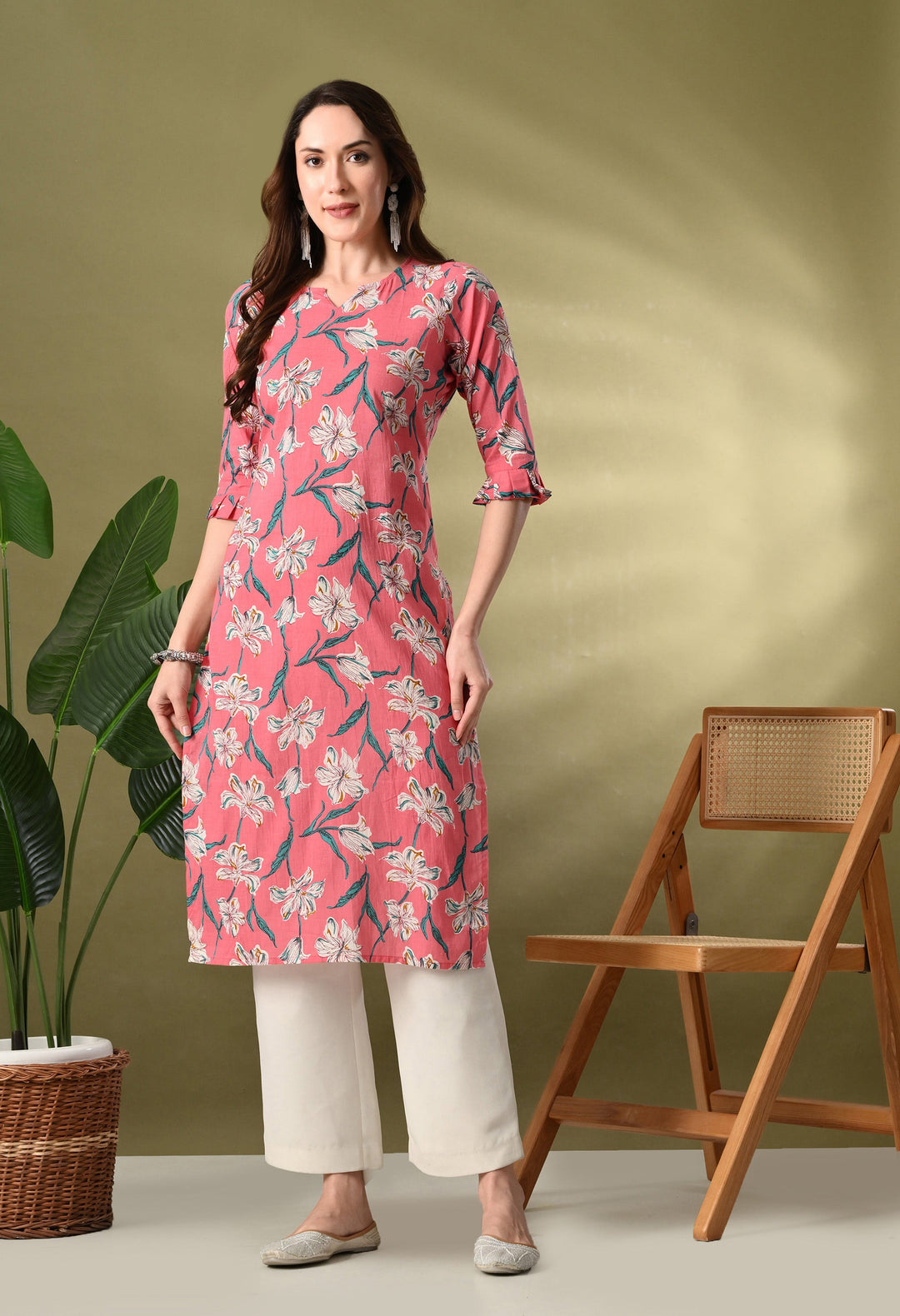 Peach Printed Straight Cotton Kurta