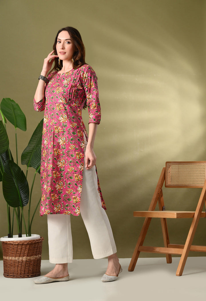 Pink Printed Straight Cotton Kurta
