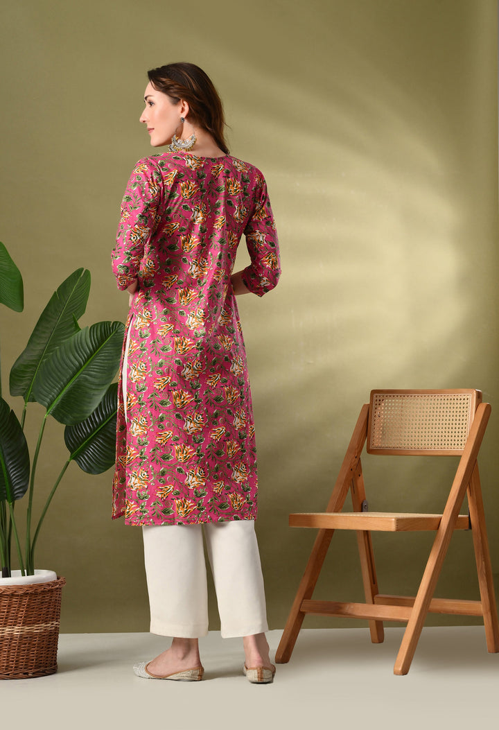 Pink Printed Straight Cotton Kurta