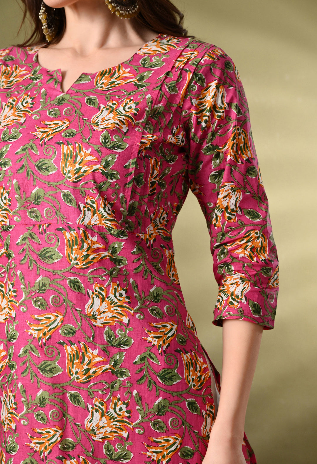 Pink Printed Straight Cotton Kurta