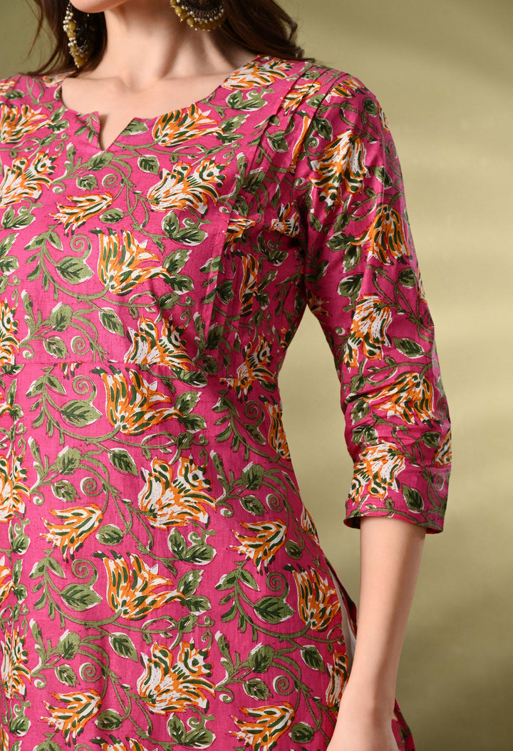 Pink Printed Straight Cotton Kurta