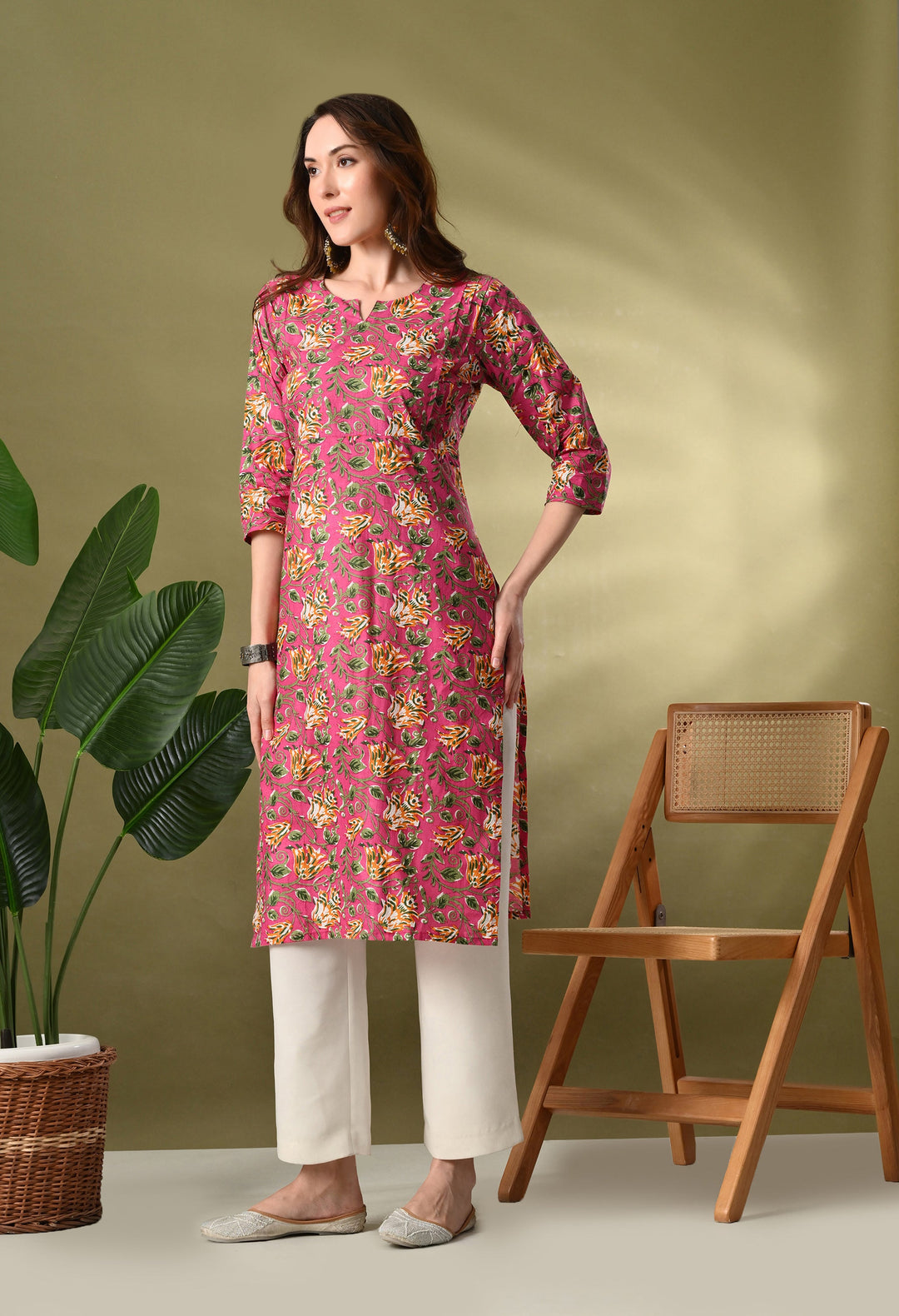 Pink Printed Straight Cotton Kurta