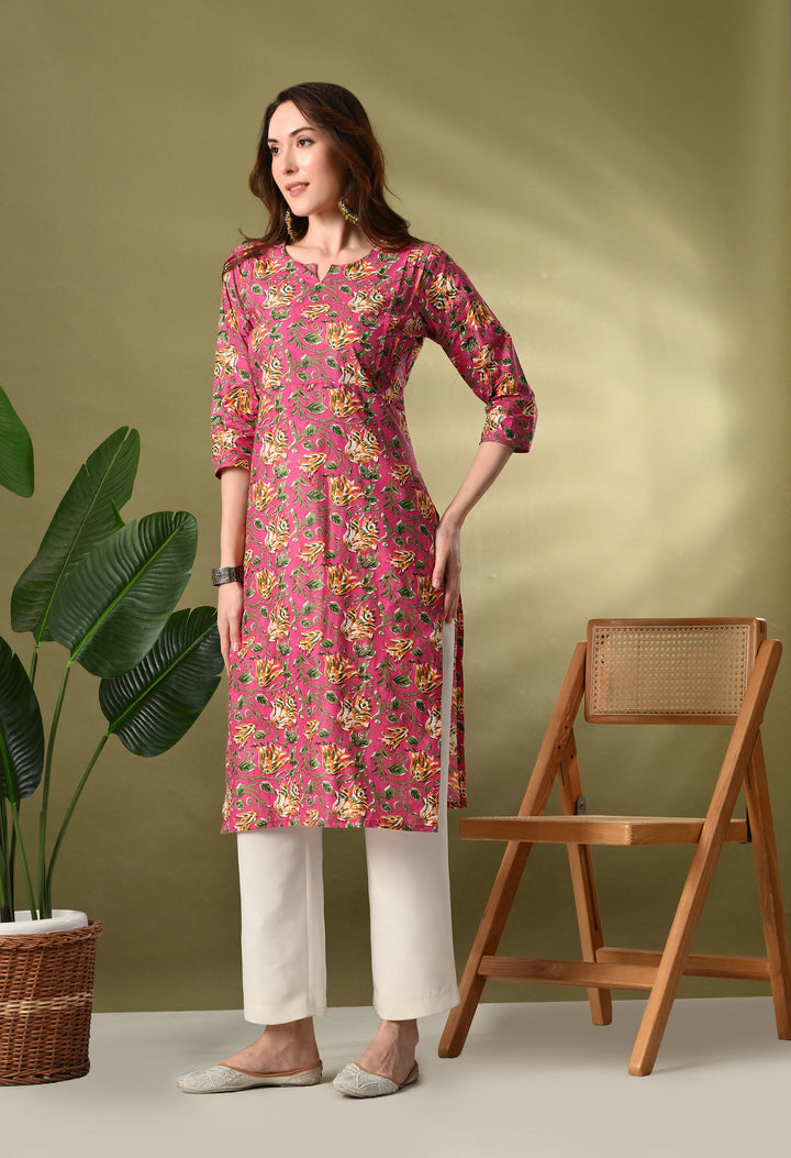 Pink Printed Straight Cotton Kurta