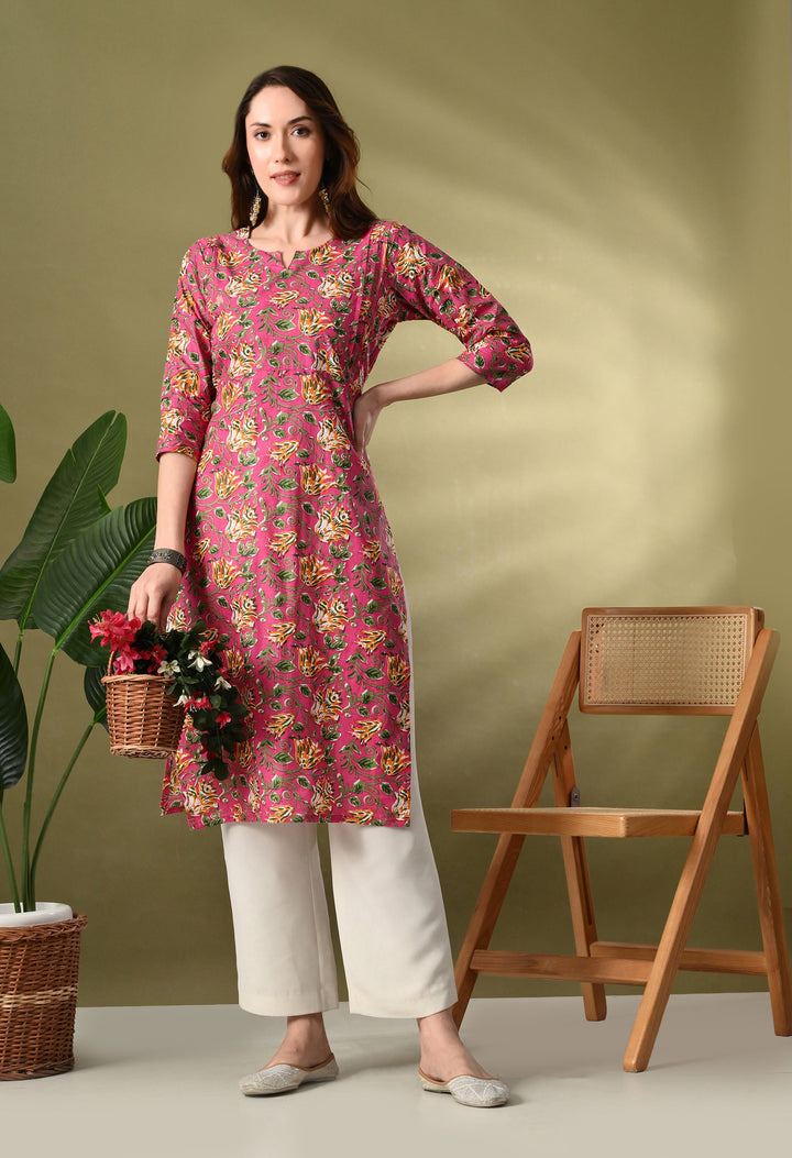 Pink Printed Straight Cotton Kurta