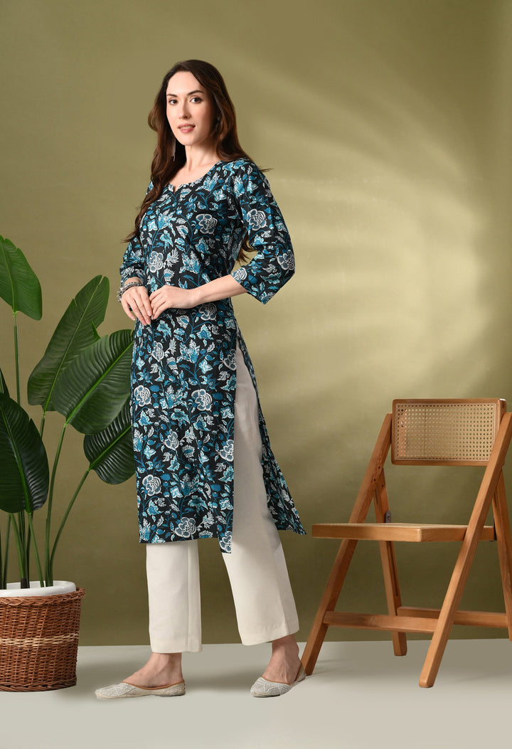 Teal Printed Cotton Kurta