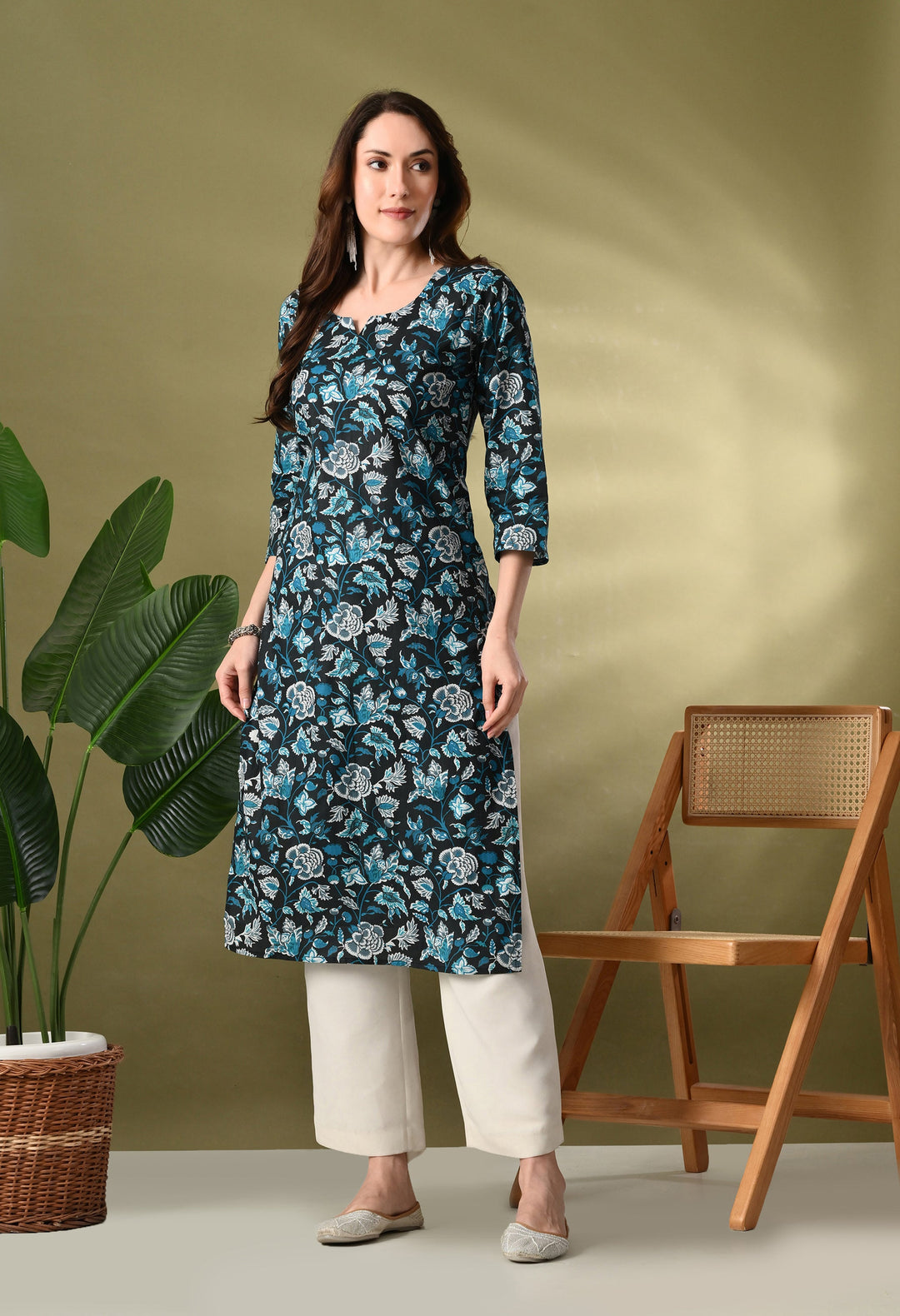 Teal Printed Cotton Kurta