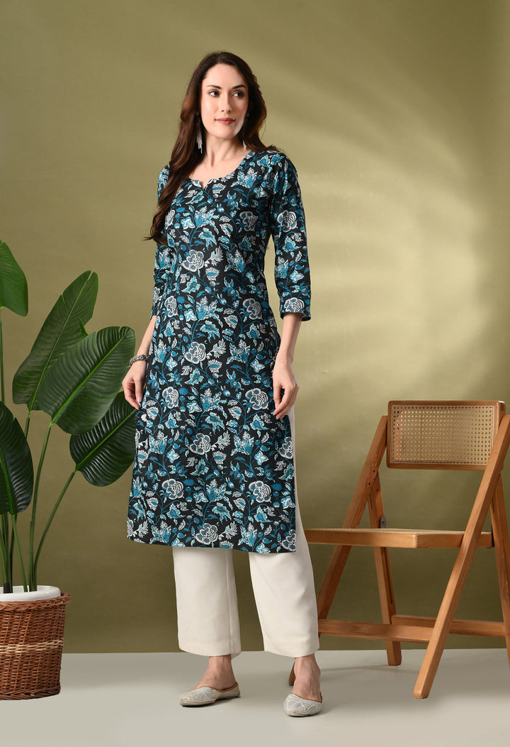Teal Printed Cotton Kurta