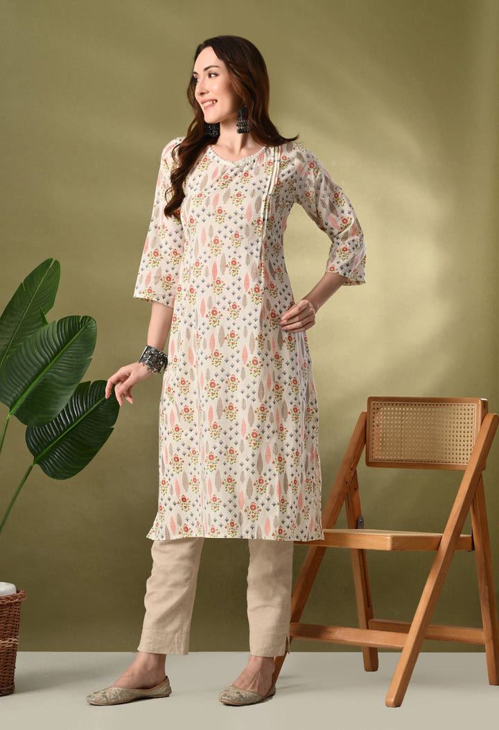 White Floral Print Flared Cotton Kurta