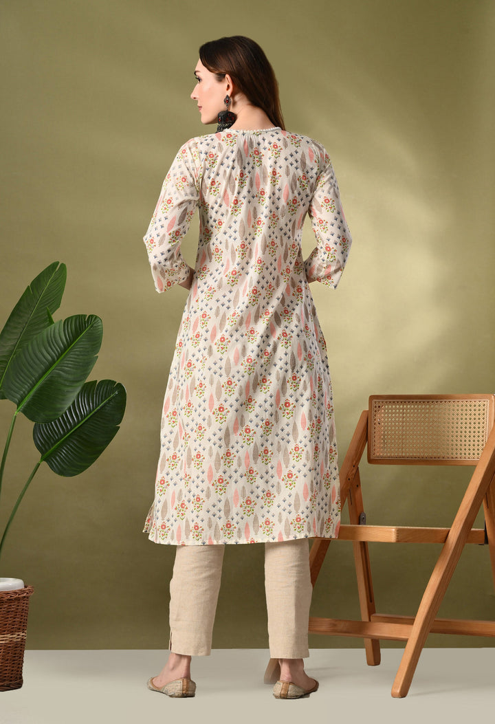 White Floral Print Flared Cotton Kurta