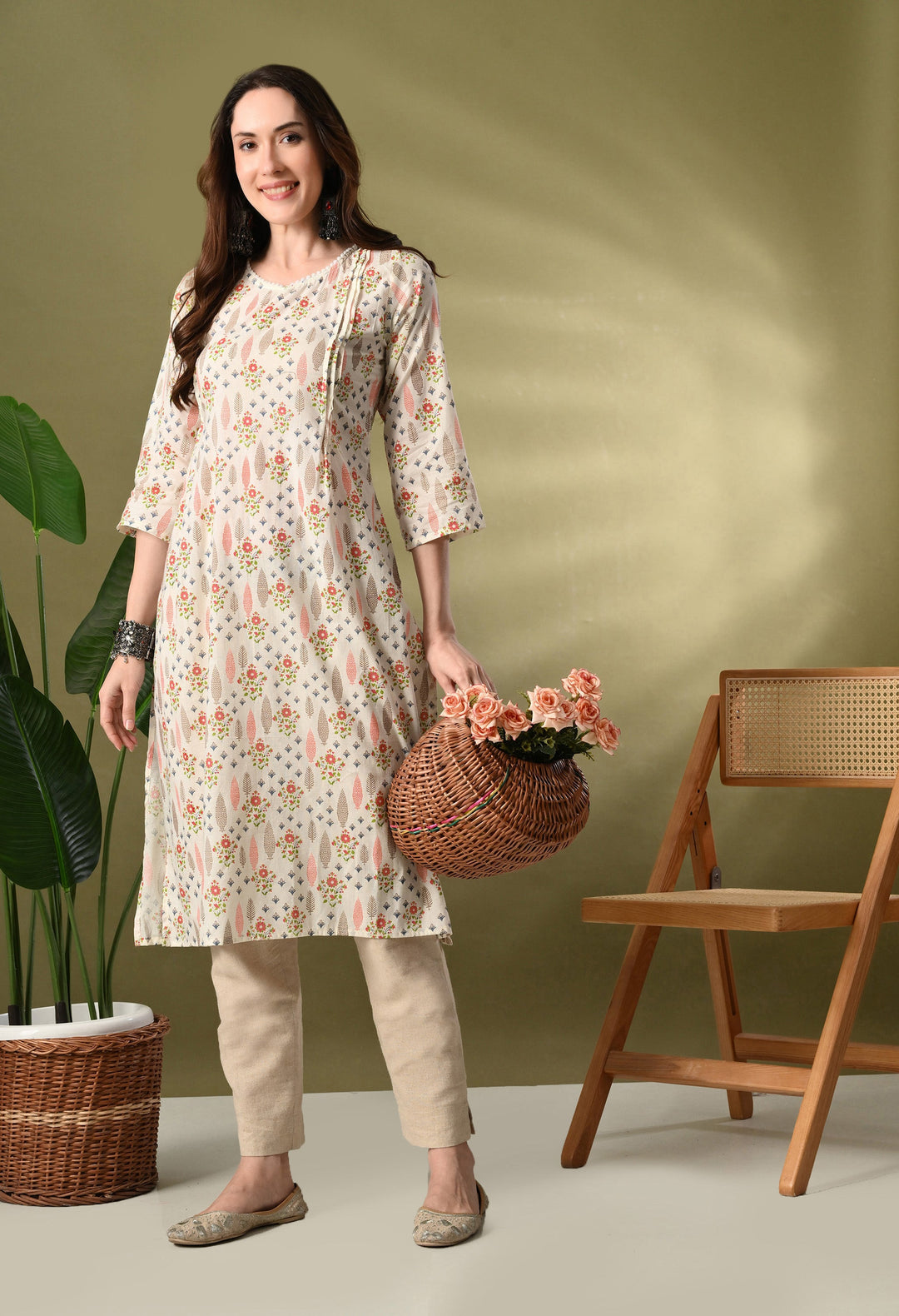 White Floral Print Flared Cotton Kurta