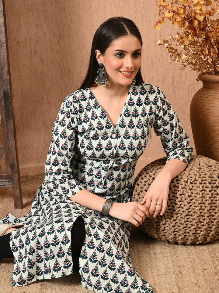 White Floral Print V-neck Cotton Kurta