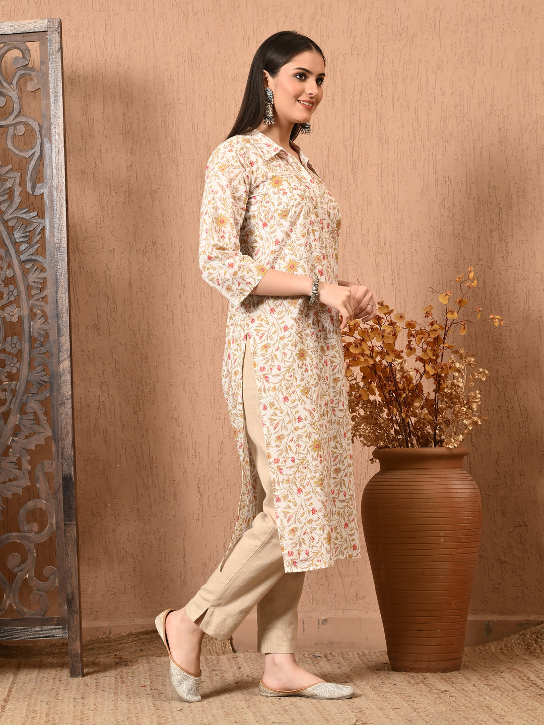 White Floral Print Flared  Kurta