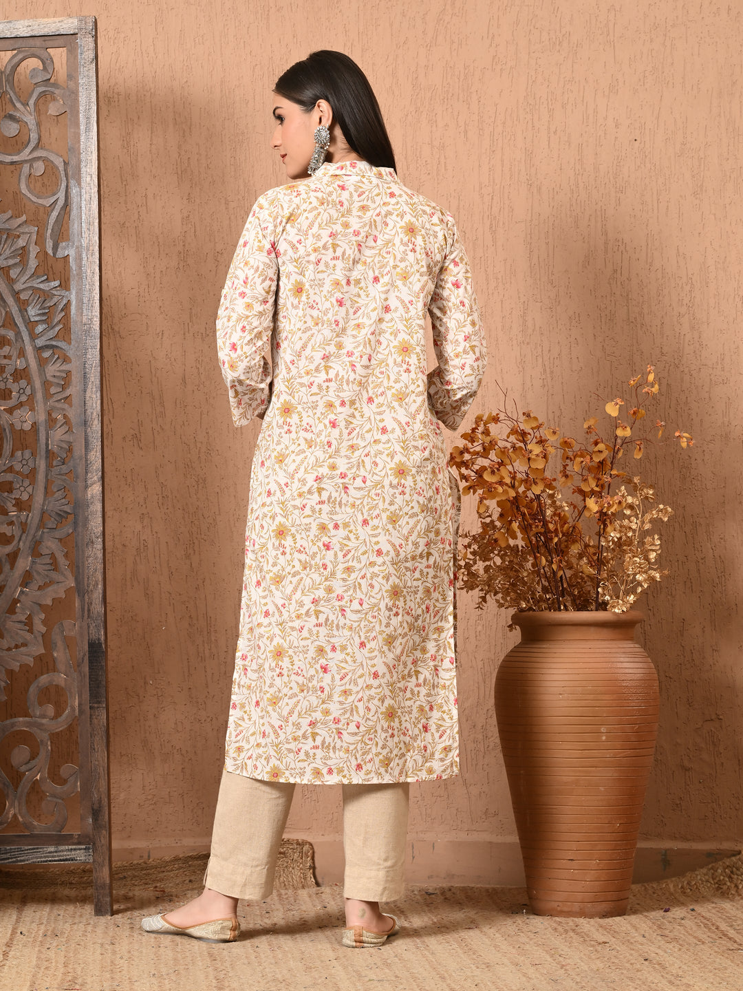 White Floral Print Flared  Kurta