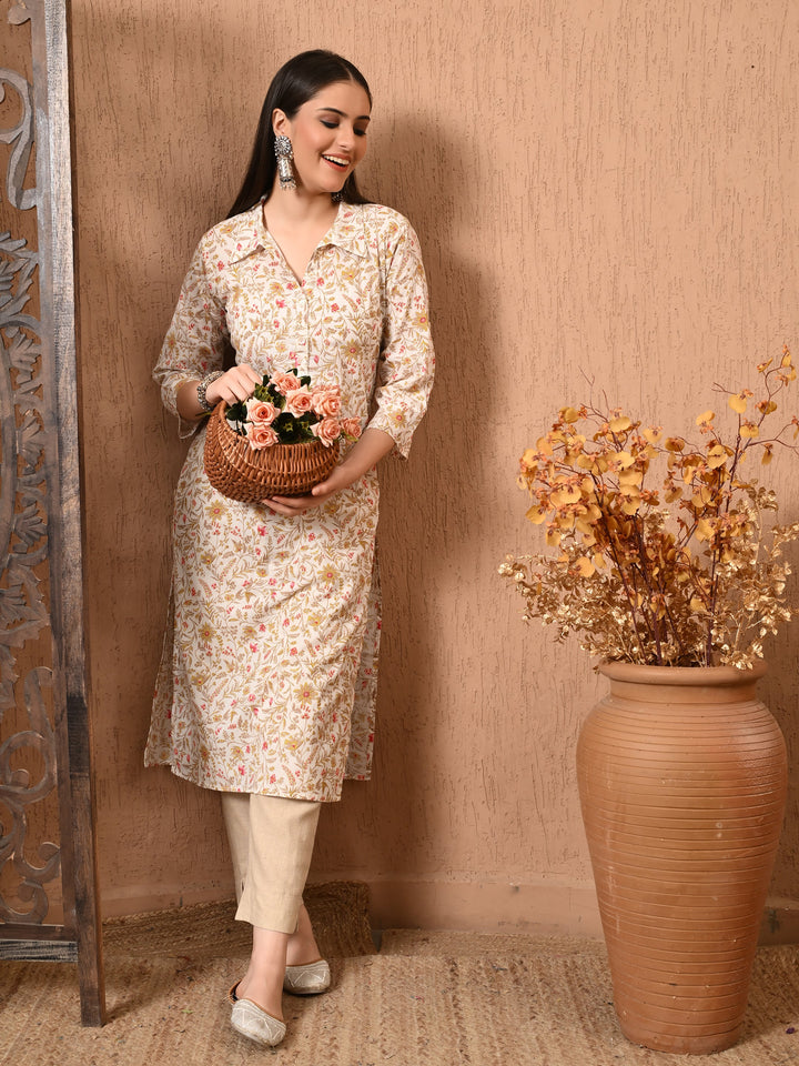 White Floral Print Flared  Kurta