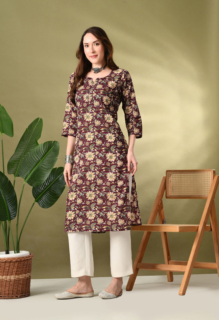 Wine Floral Print Thread Work Cotton kurta