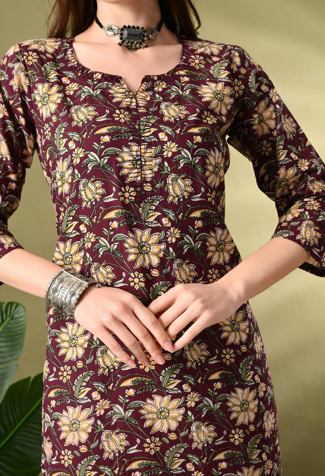 Wine Floral Print Thread Work Cotton kurta