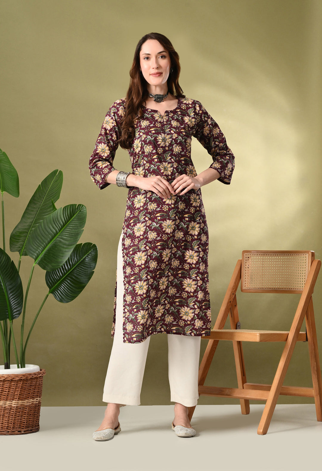Wine Floral Print Thread Work Cotton kurta