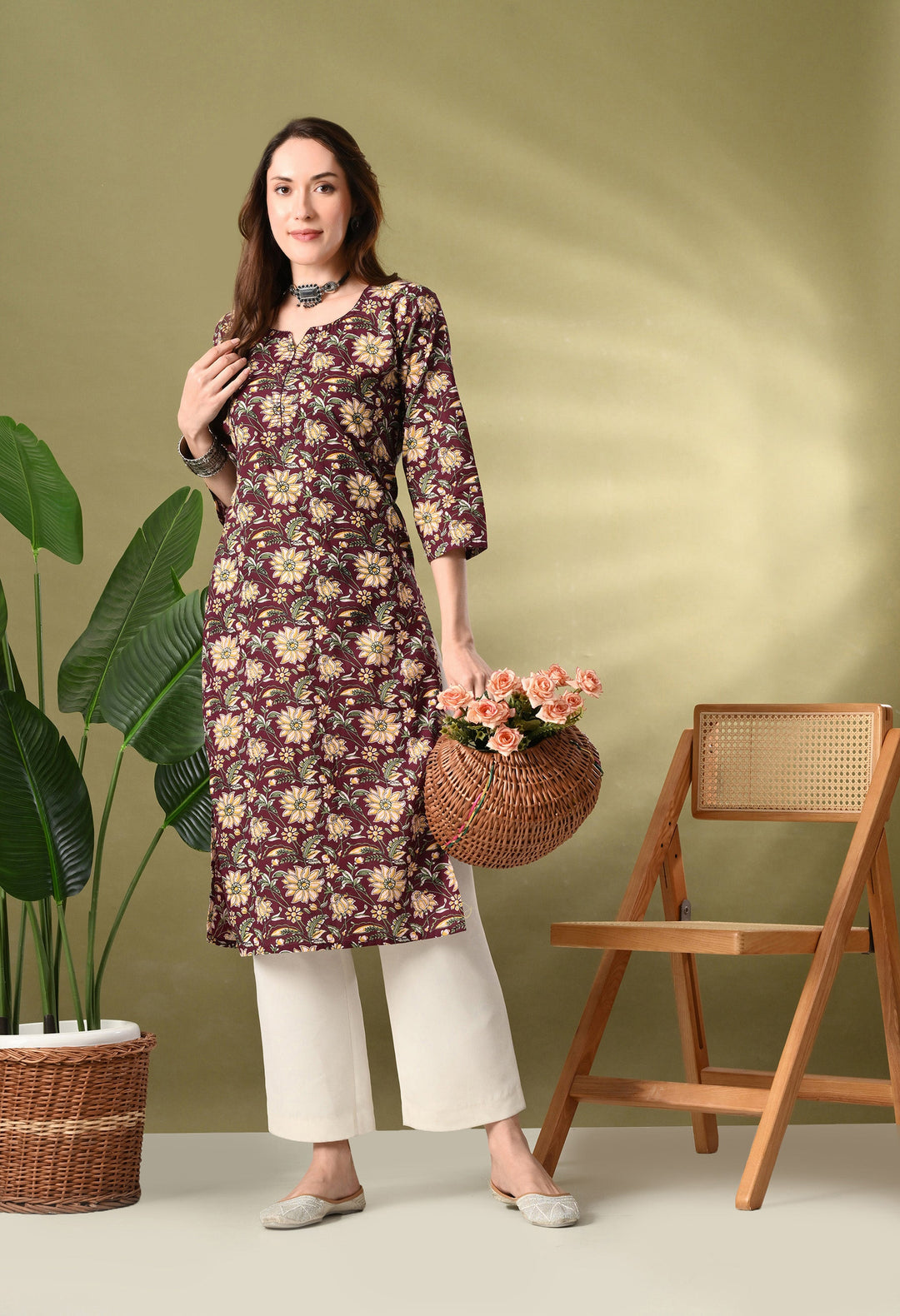 Wine Floral Print Thread Work Cotton kurta
