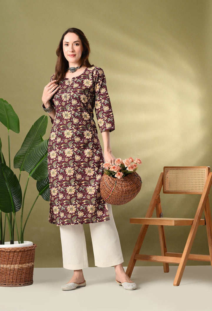 Wine Floral Print Thread Work Cotton kurta