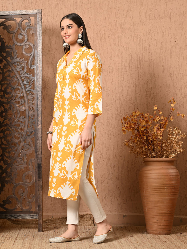 Yellow Ikkat Print cotton kurta