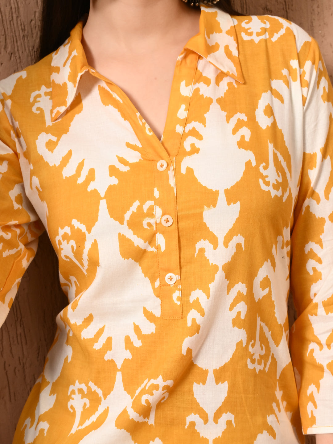 Yellow Ikkat Print cotton kurta