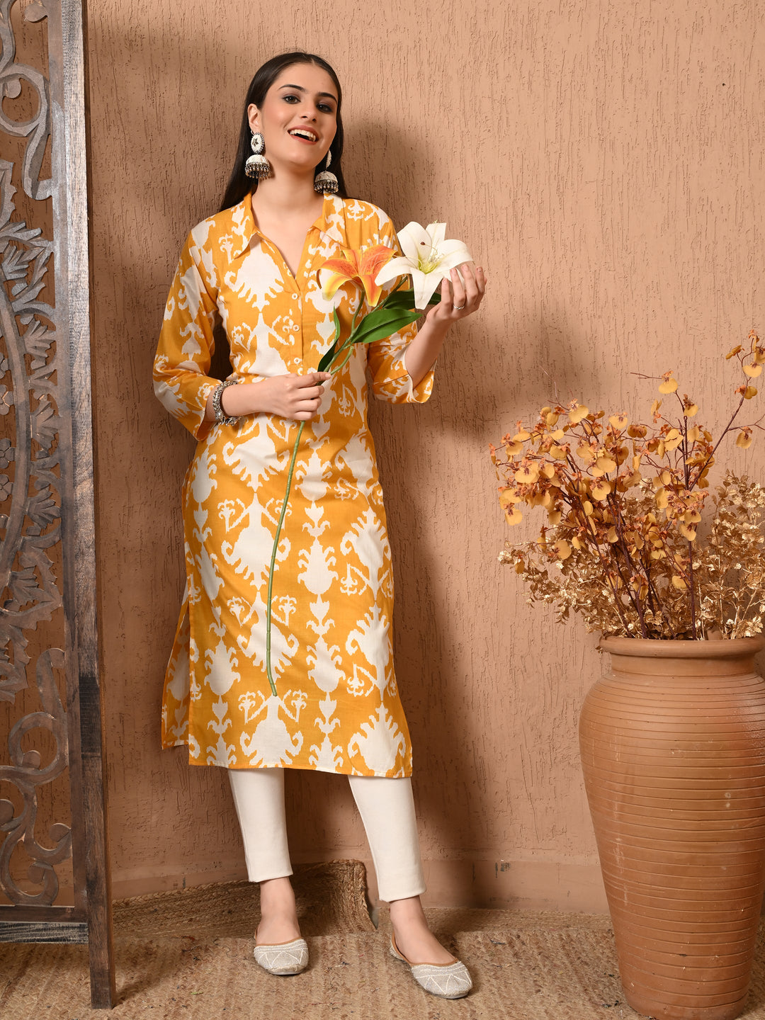Yellow Ikkat Print cotton kurta