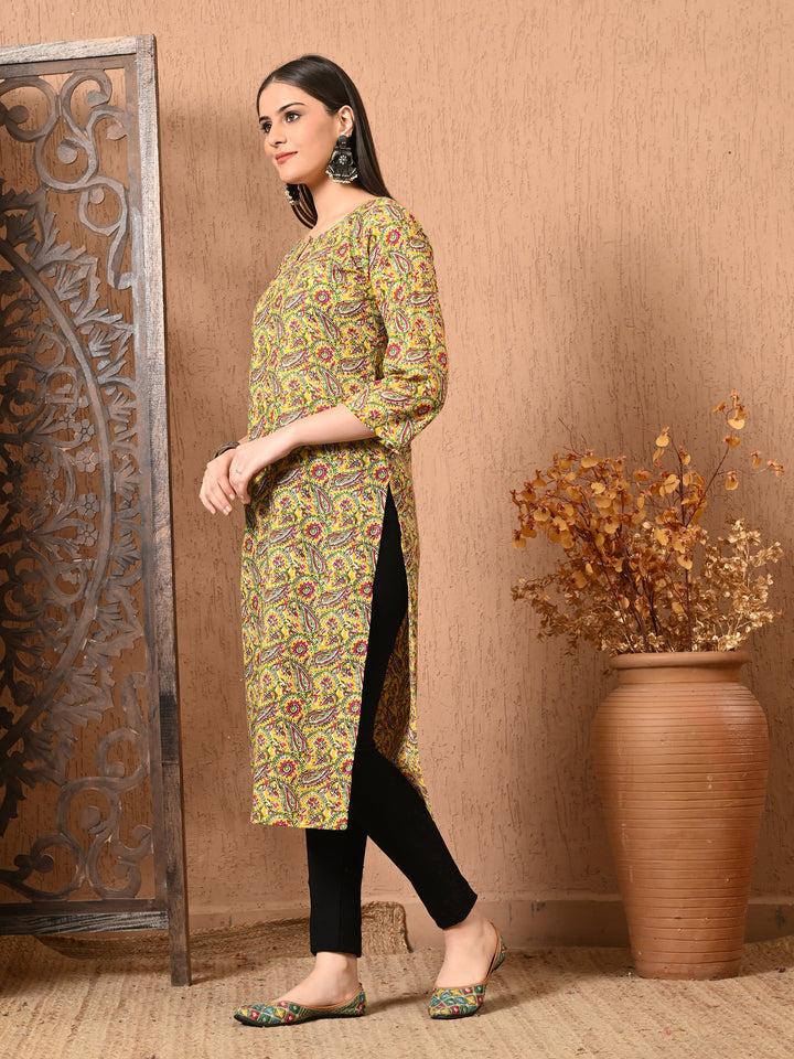 Yellow Printed Key-Hole neck cotton kurta