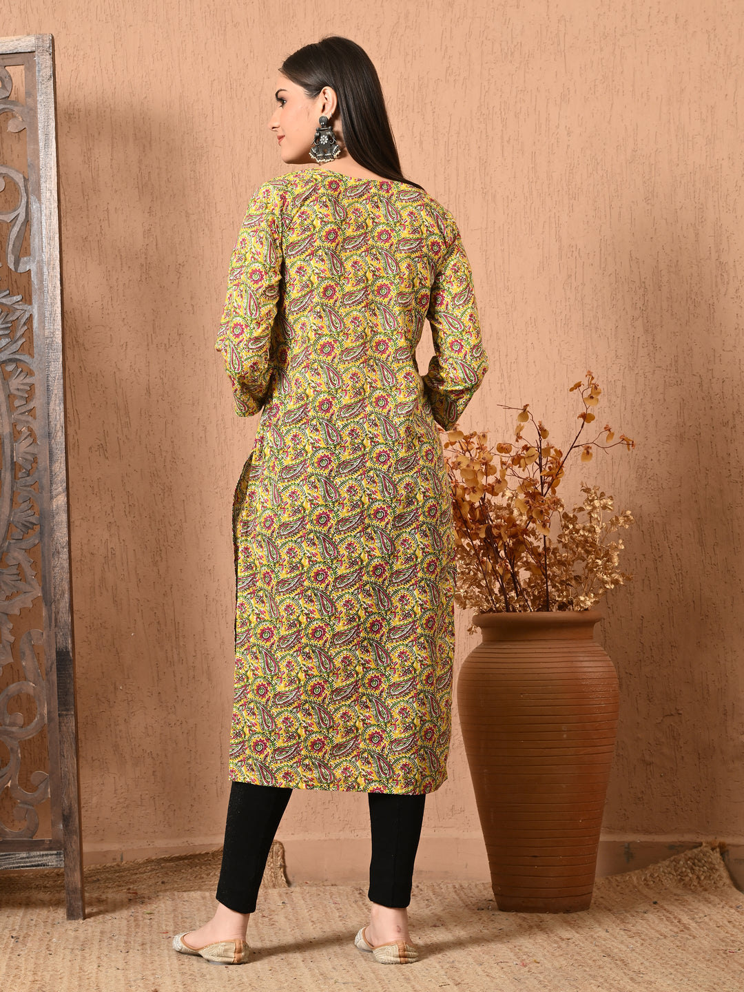 Yellow Printed Key-Hole neck cotton kurta
