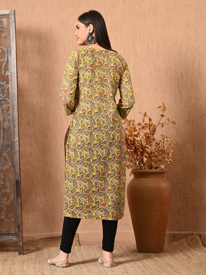 Yellow Printed Key-Hole neck cotton kurta
