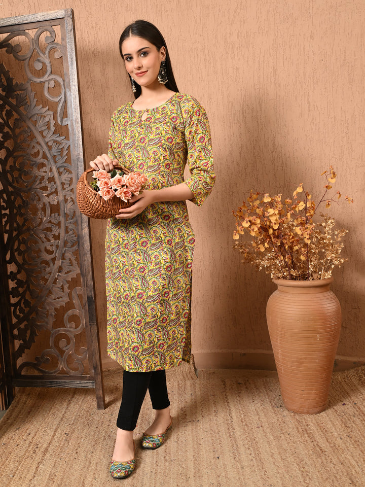Yellow Printed Key-Hole neck cotton kurta