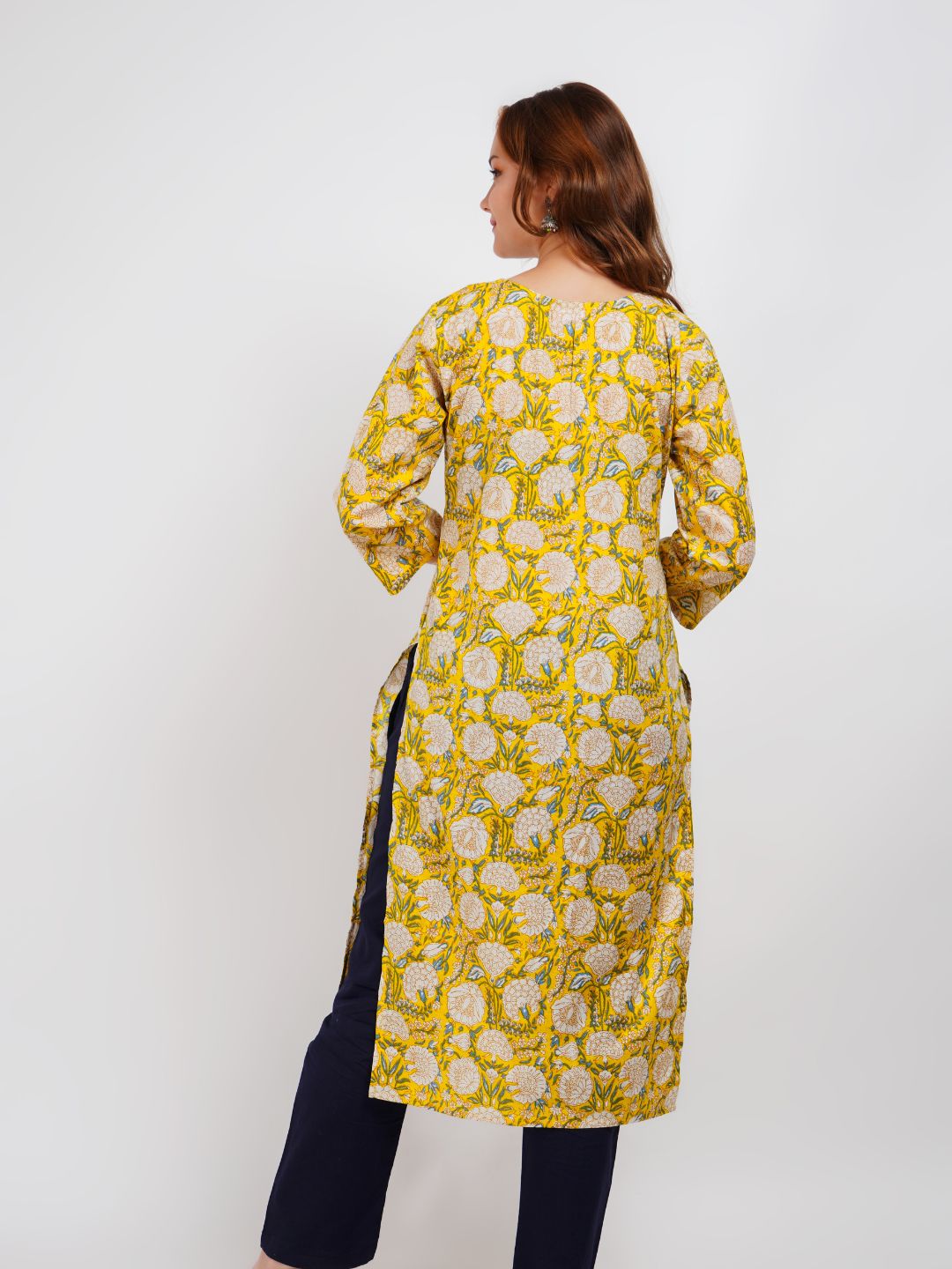 Yellow Floral Print Straight Kurta