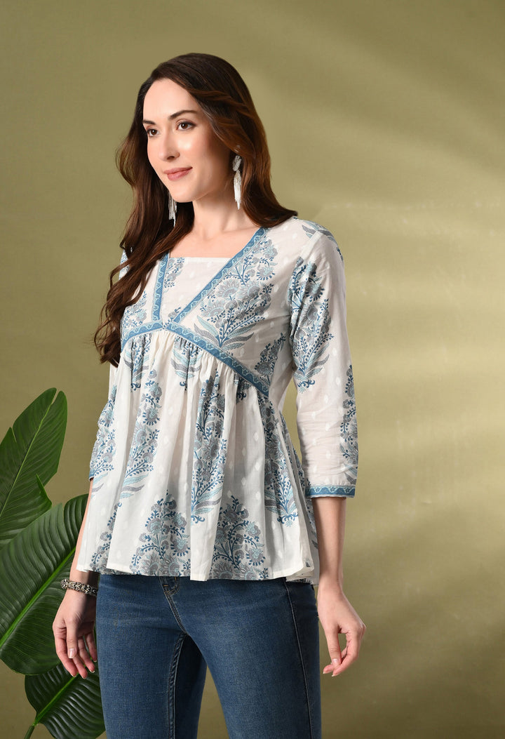 White Block Print Empire Top