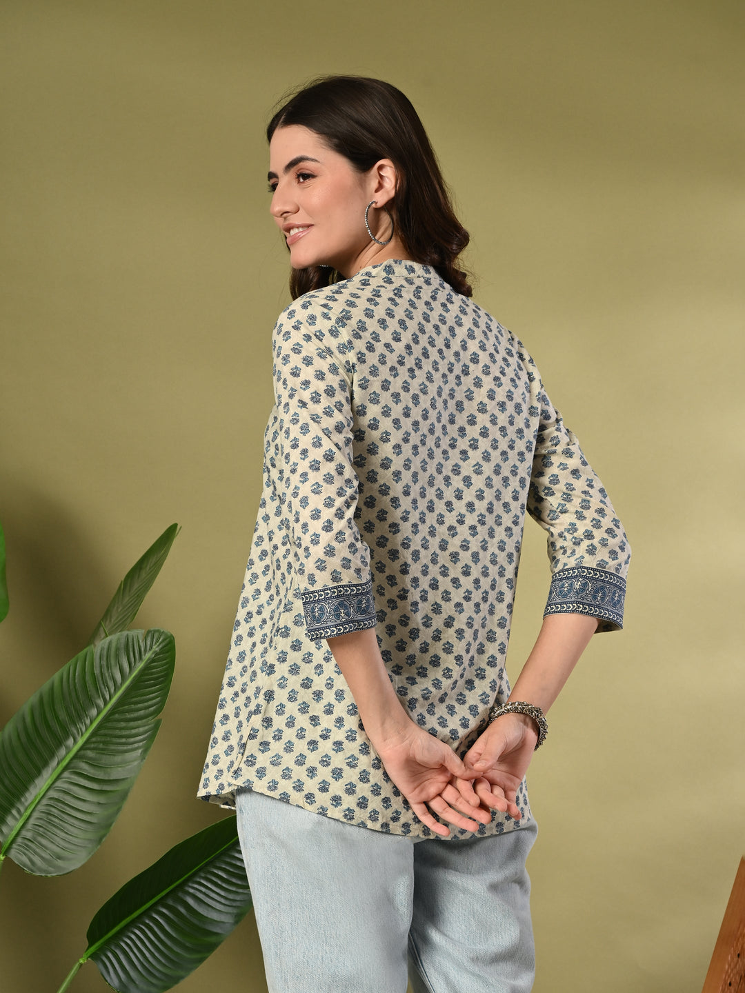 Blue Floral Print Cotton Top