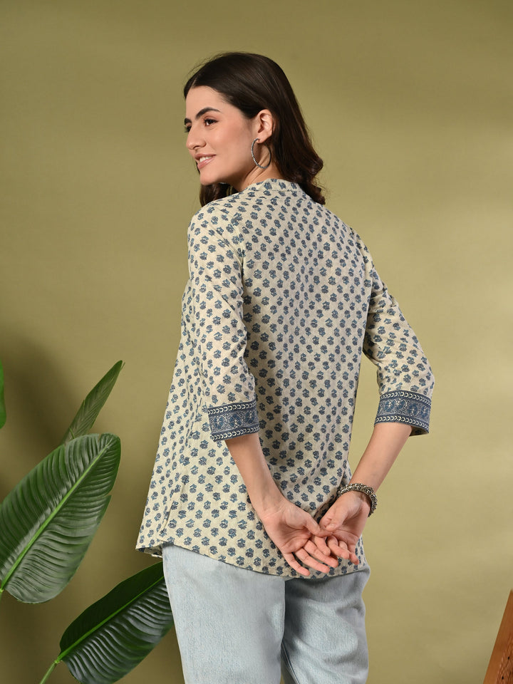 Blue Floral Print Cotton Top