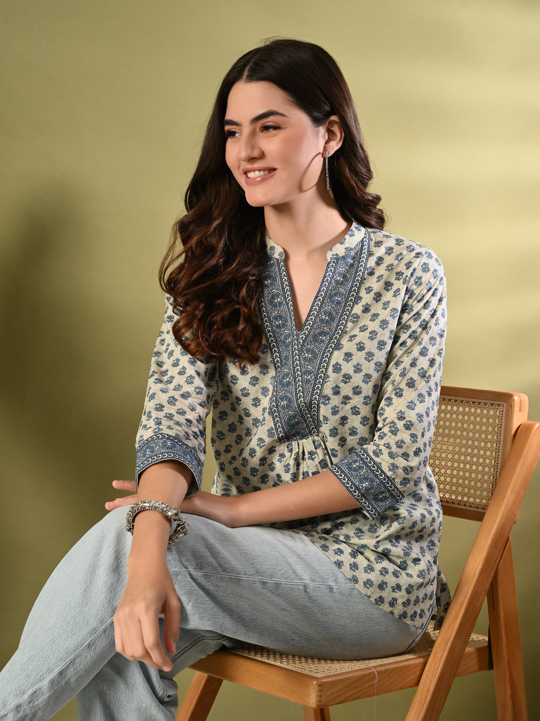 Blue Floral Print Cotton Top