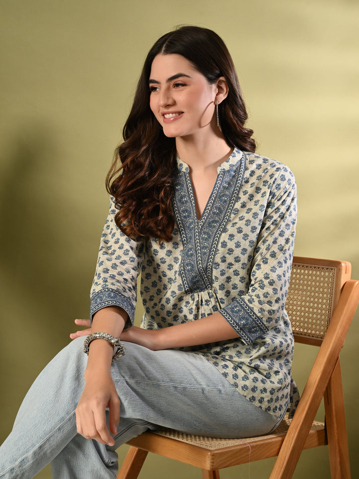 Blue Floral Print Cotton Top