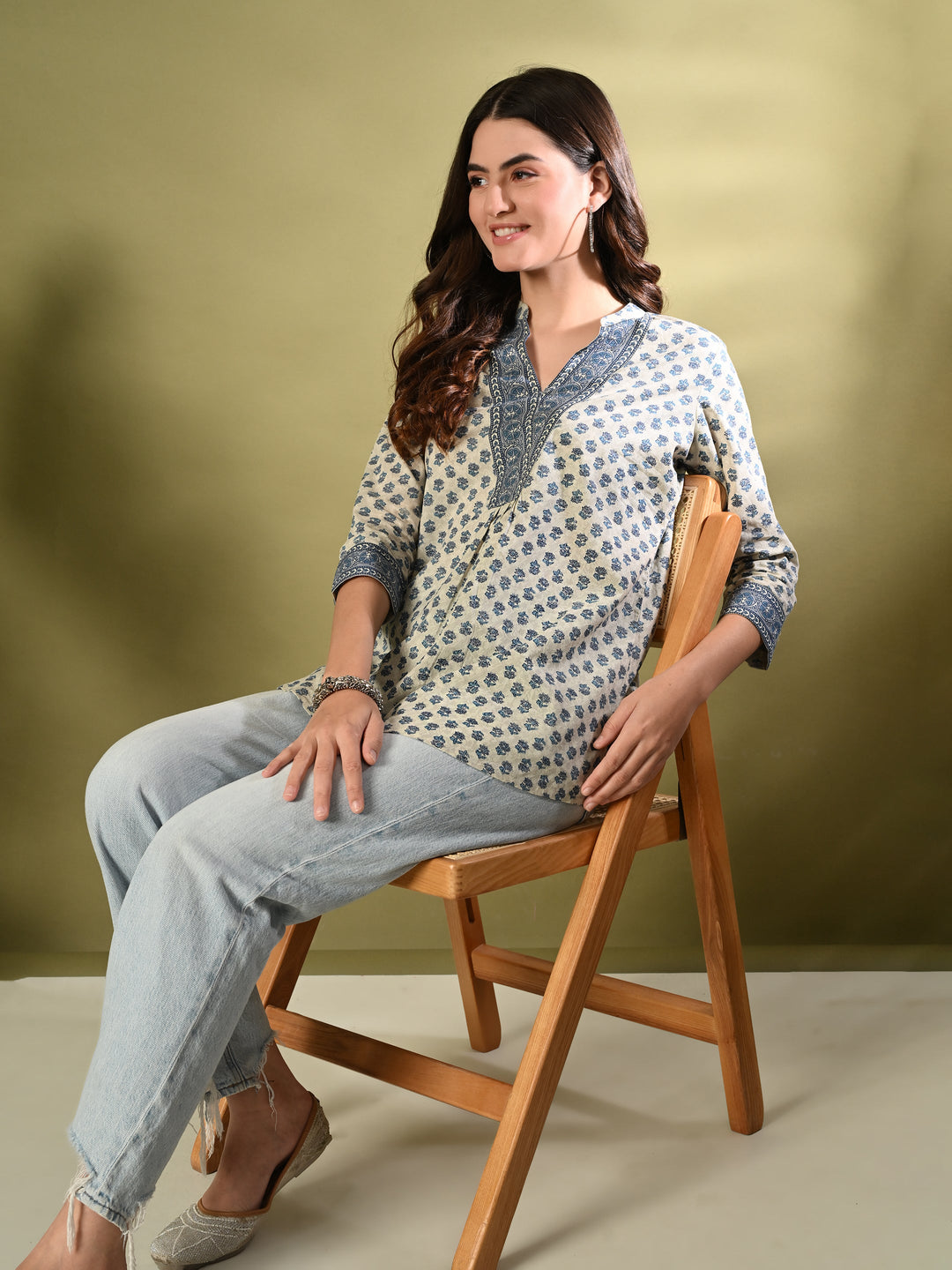 Blue Floral Print Cotton Top
