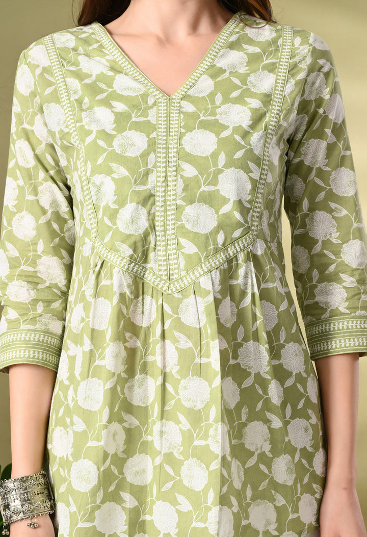 Green Floral Print A-Line Cotton Top