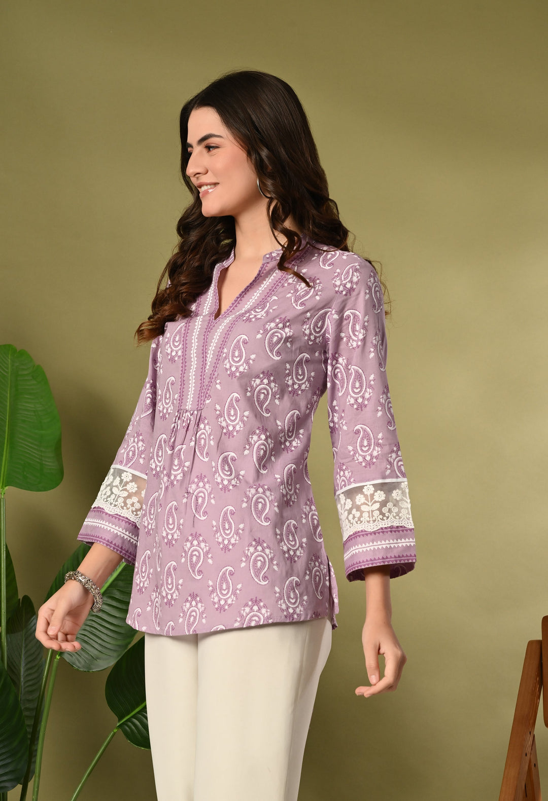 Lavender Cotton Printed Lace Work Top