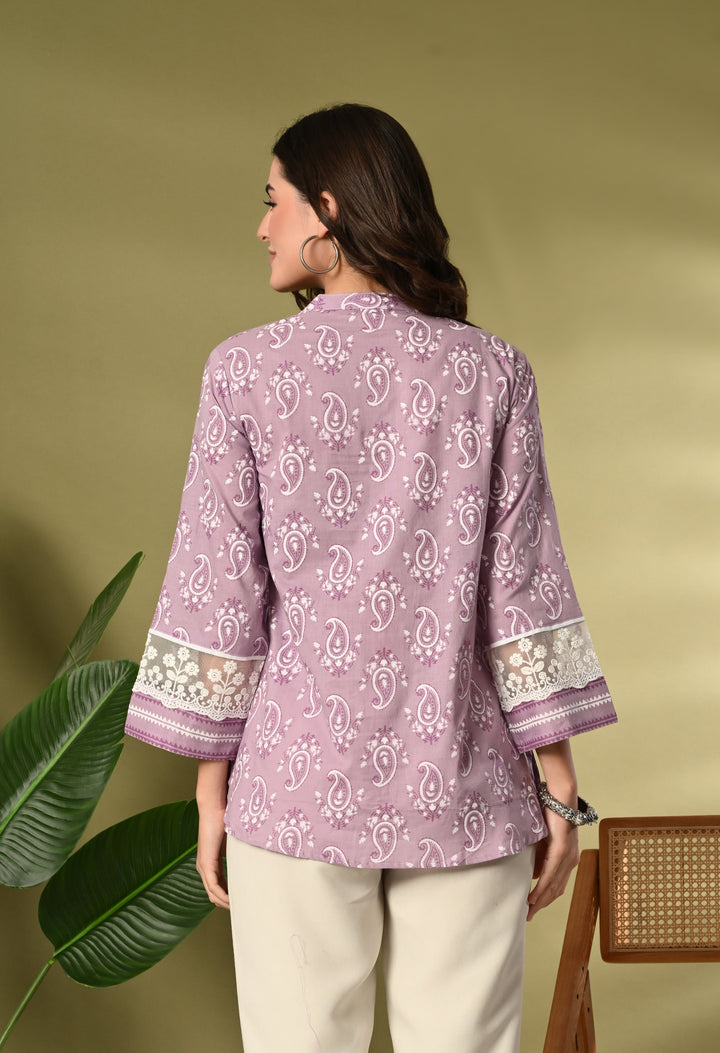 Lavender Cotton Printed Lace Work Top