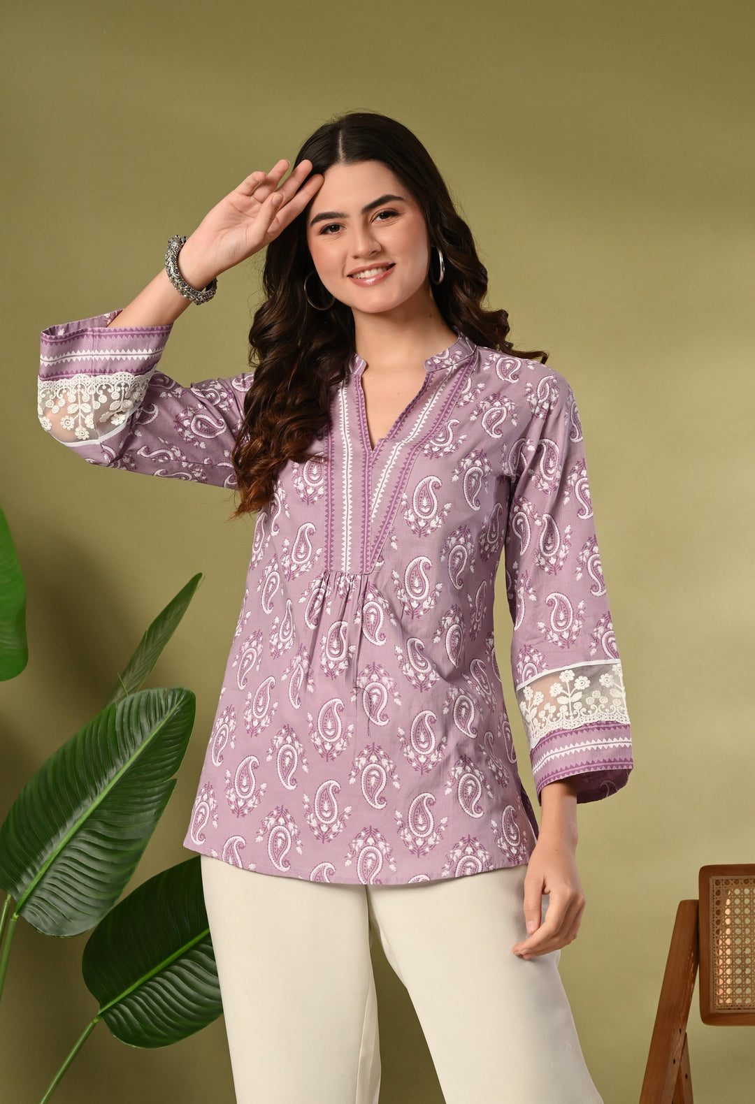 Lavender Cotton Printed Lace Work Top