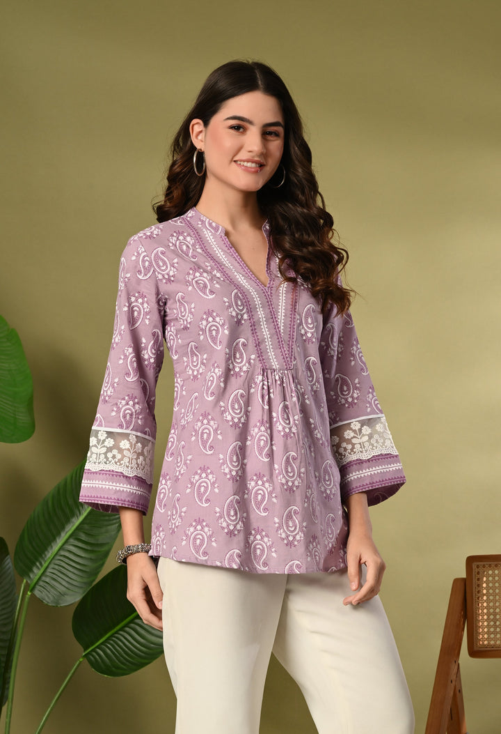 Lavender Cotton Printed Lace Work Top