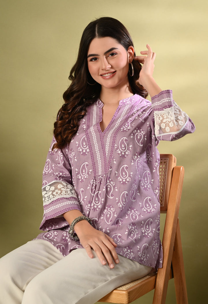 Lavender Cotton Printed Lace Work Top